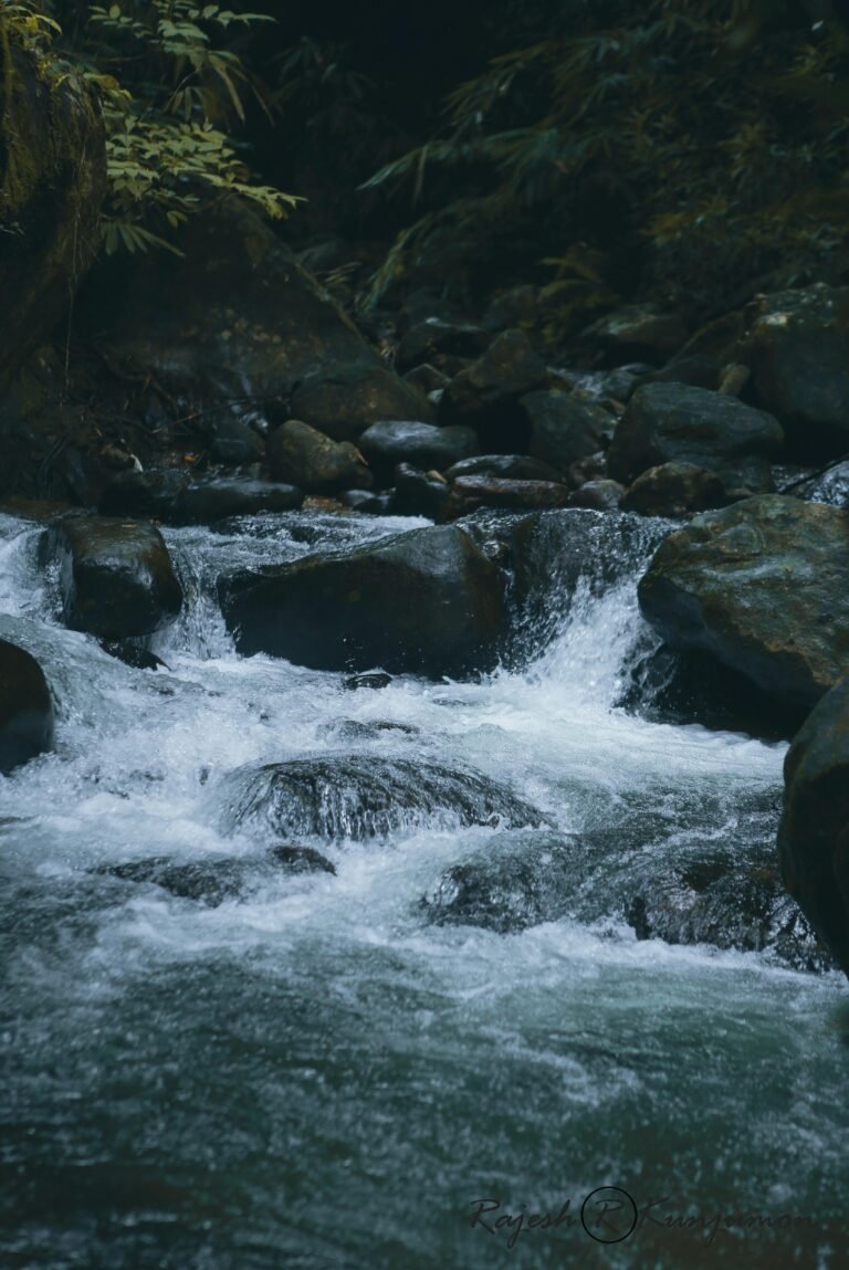 Tranquil scene of a cascading stream gently flowing over rocks in Ponmudi, India.